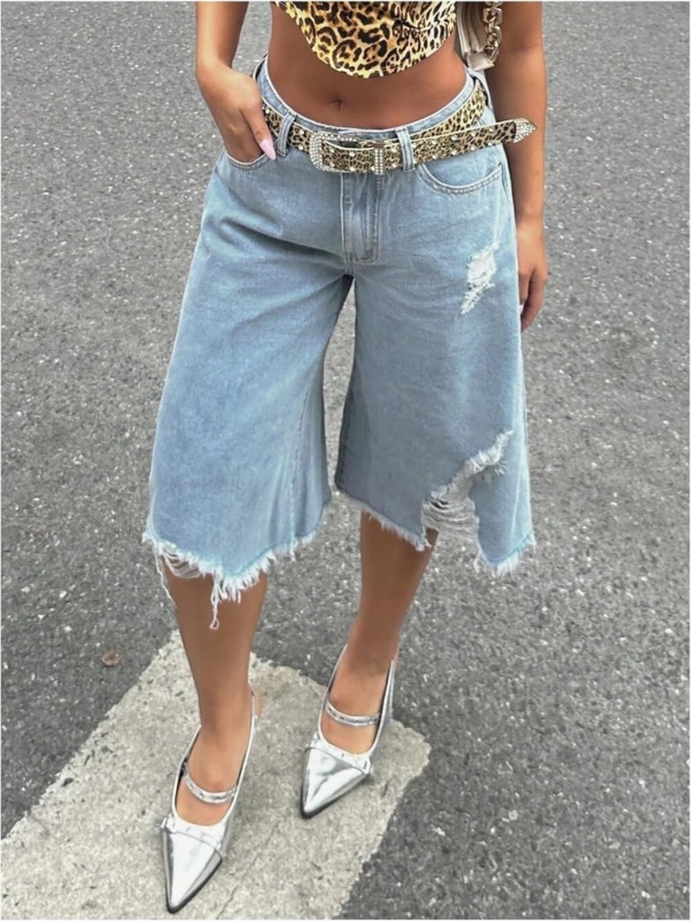 Summer Ripped Denim Shorts for Women | Y2K Wide Leg Baggy Jeans, Casual Chic - Picture 3 of 5